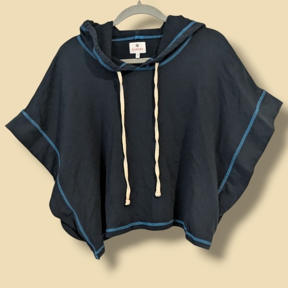Sundry Navy Blue Jersey Knit Relaxed Short Sleeve Cropped Muscle Hoodie Lounge - Picture 2 of 10